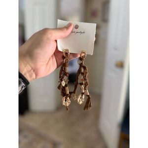Free People Brown Fabric Gold Tone Hammered Charm Boho Drop Earrings NWT
